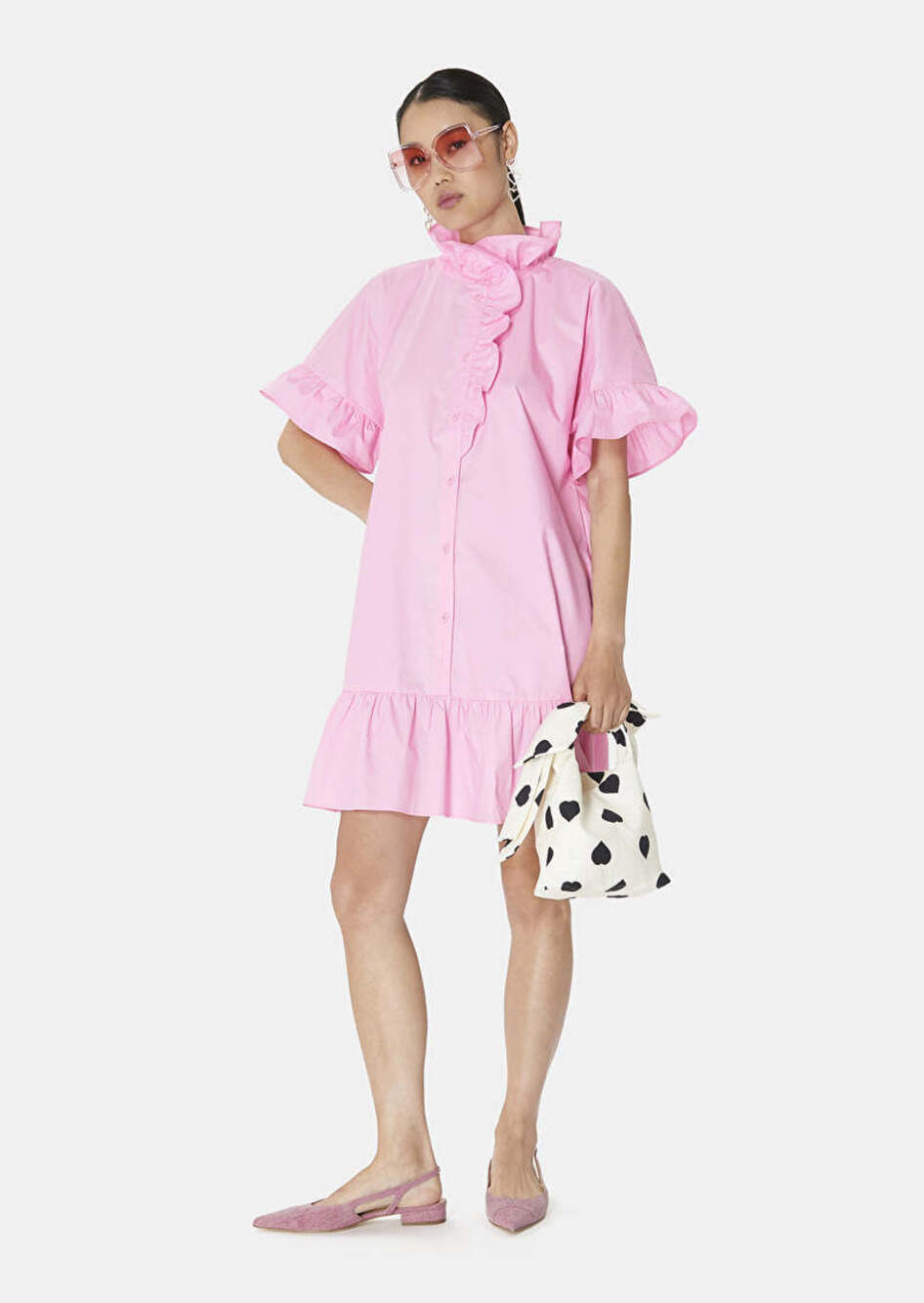 TARA JARMON Ripoline Poplin Ruffle Collar Mini Dress Blush Pink Size 36 NWT